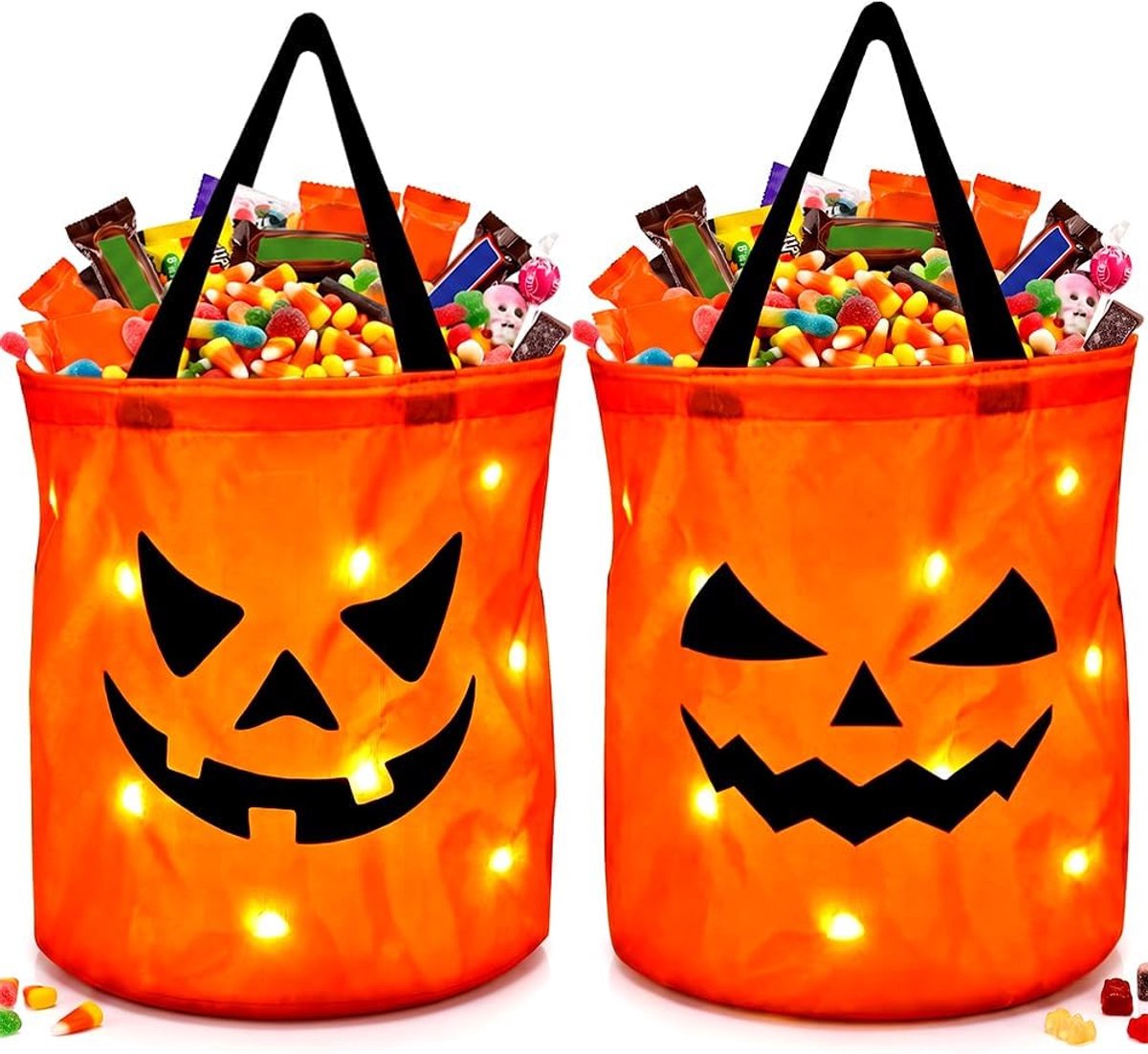 2 Stuks Halloween Pompoensnoepzakjes, Led-Pompoenemmer, Halloween Mand, Zakken voor Snoep, Geschenktas, Multifunctioneel Draagbaar Opvouwbaar Herbruikbaar