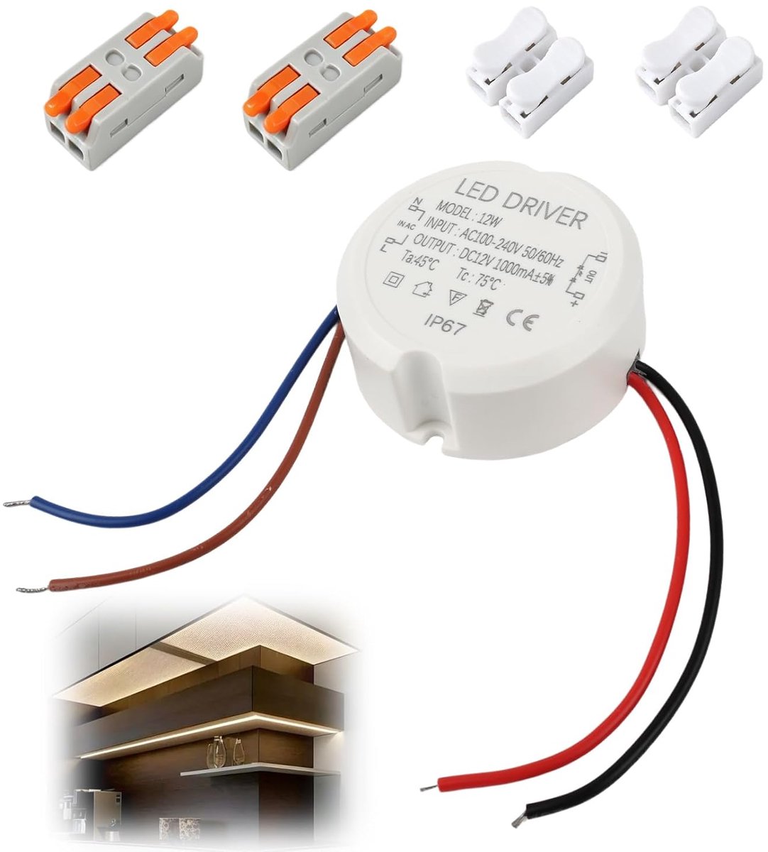 12 V, 12 W, waterdicht, led-voeding, compact, rond, AC 230 V naar DC 12 V, met 2 aansluitingen, transformator voor ledstrips, spots, verlichting binnen en buiten