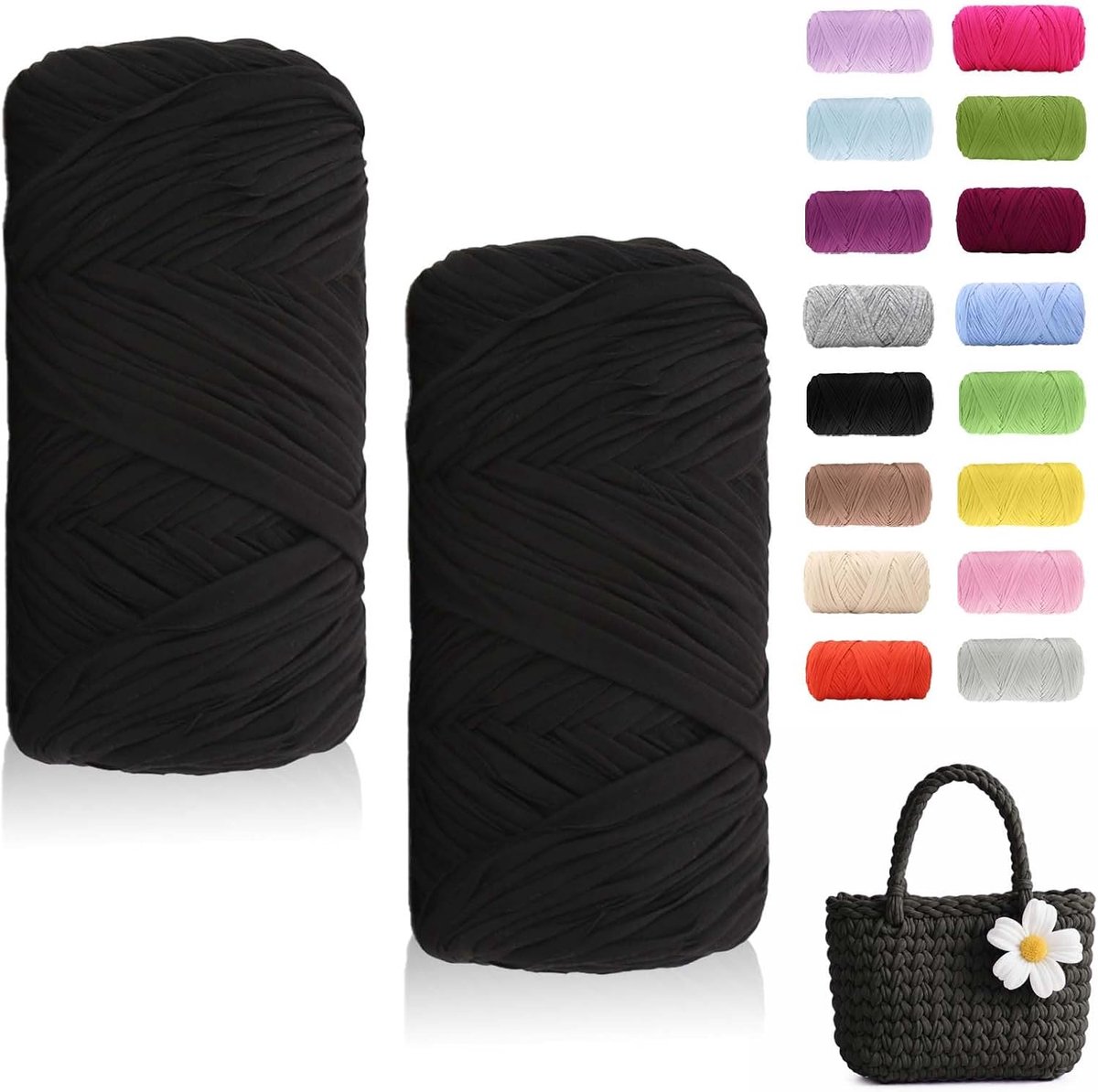 2 x 200 g textielgaren, lintgaren voor breien en haken, T-shirt-garen voor haken, tassen, manden, tapijten, doe-het-zelf handwerk (diepzwart)