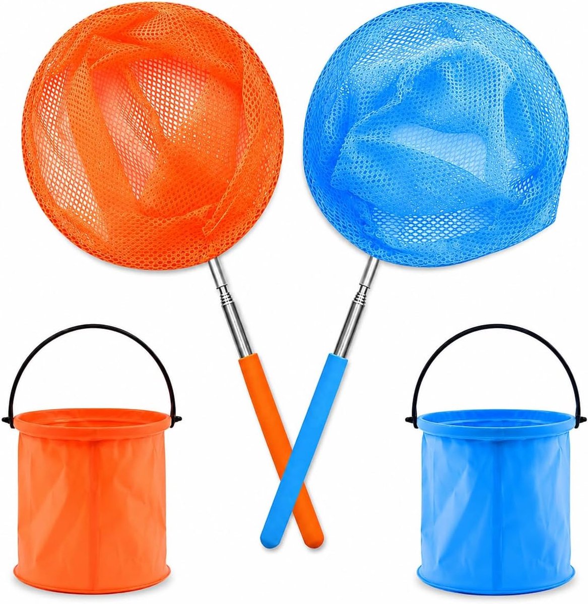 Set van 2 schepnet voor kinderen met 2 opvouwbare emmers, telescopische steel 38-85 cm, vlindernet voor tuin, buiten en observatie