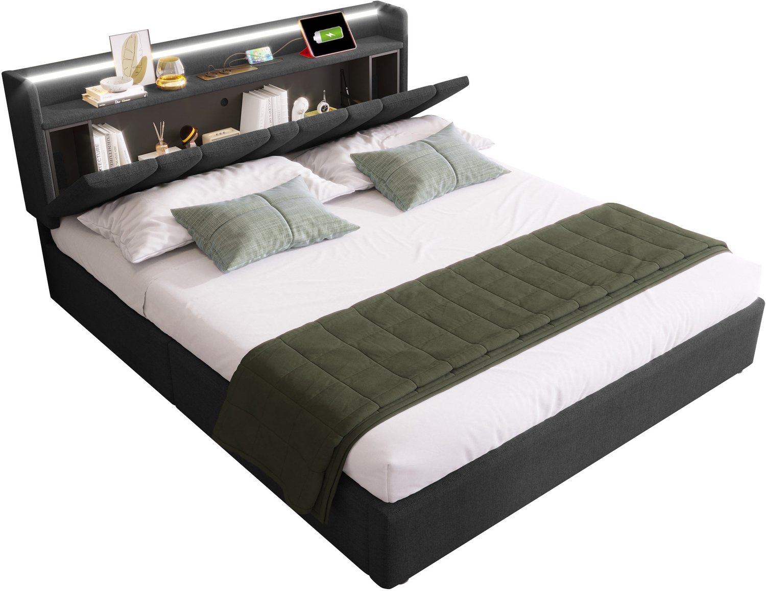 Gestoffeerd Bed 140x200 Met Opbergruimte - Hoofdbord Met Stopcontacten En USB - Linnen Bedframe Met LED - Grijs