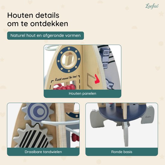 Leefico Activiteiten Kubus Raket- Montessori Speelgoed voor Baby - Sensorisch Educatief Kinderspeelgoed 1 jaar - Houten Speelgoed voor Peuters - Blauw — afbeelding 3