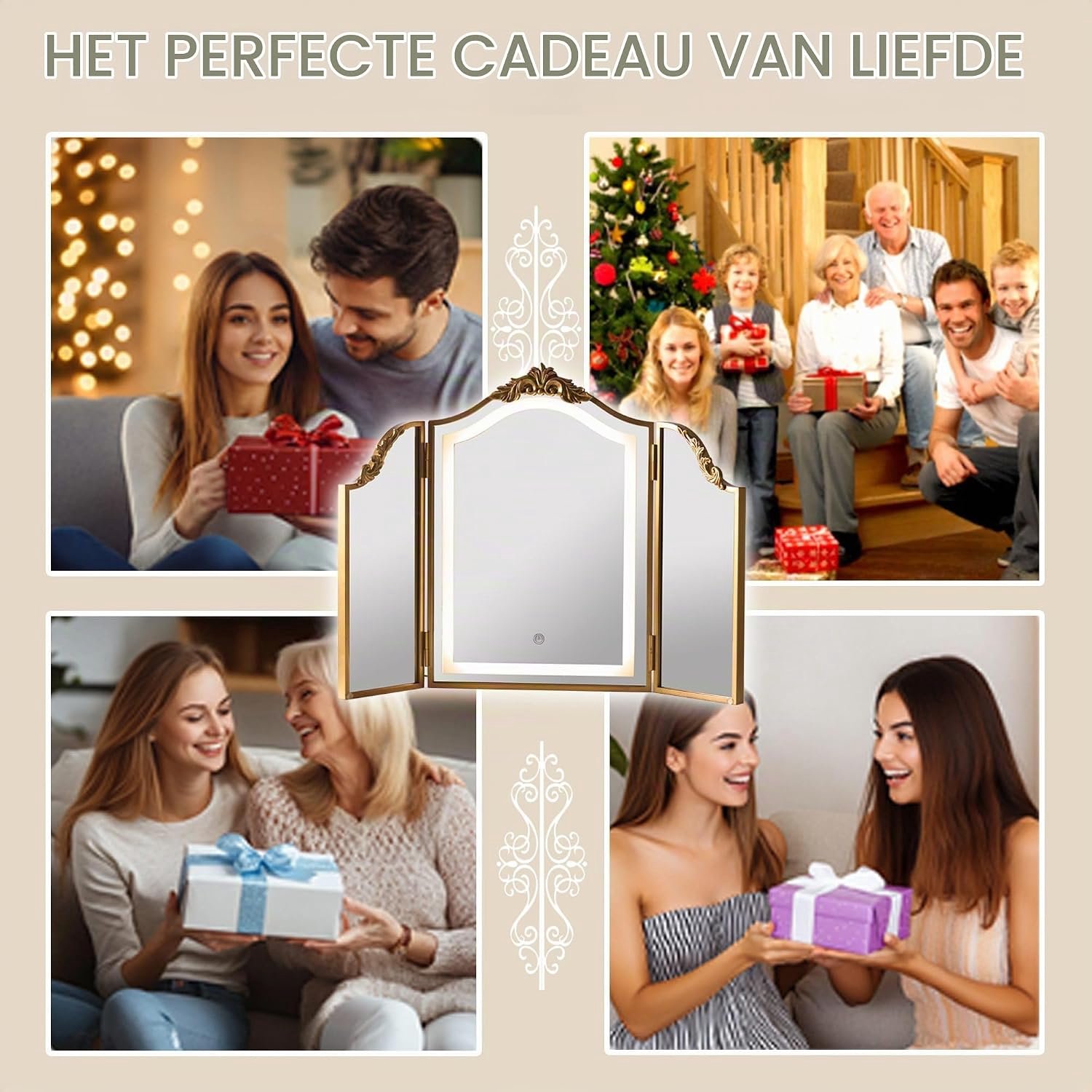 Luxe Vintage Make-upspiegel met LED Verlichting 40,6 × 50,8 cm – Antiek Goud, Boogvorm, 3 Lichtkleuren en 10-Voudig Dimbaar