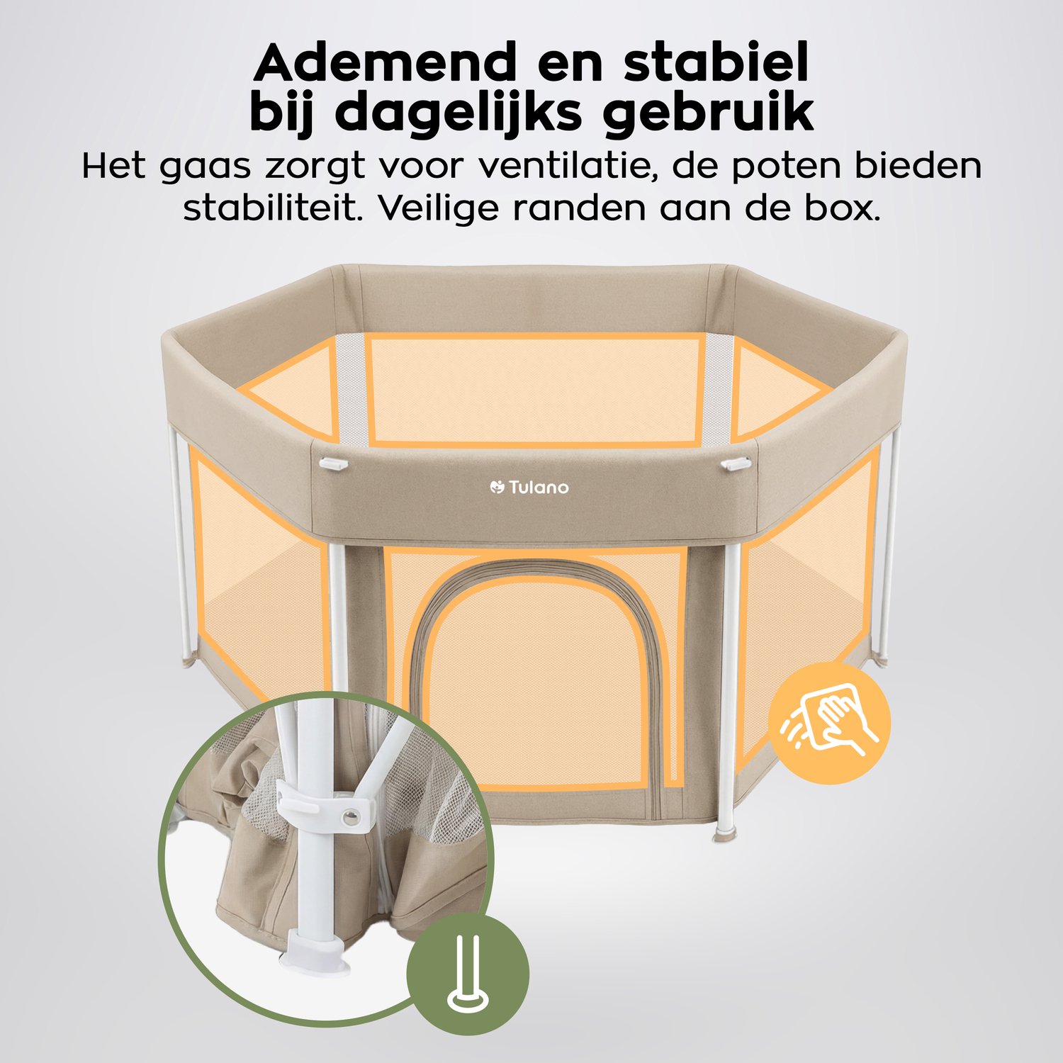 Tulano Cozy 30 - Grondbox - 125x125x66cm - Met draagtas - Inklapbare - Opvouwbare Baby Speelbox - zeshoek - voor binnen en buiten - ademend gaas - EN71 gecertificeerd - Beige – foto 4
