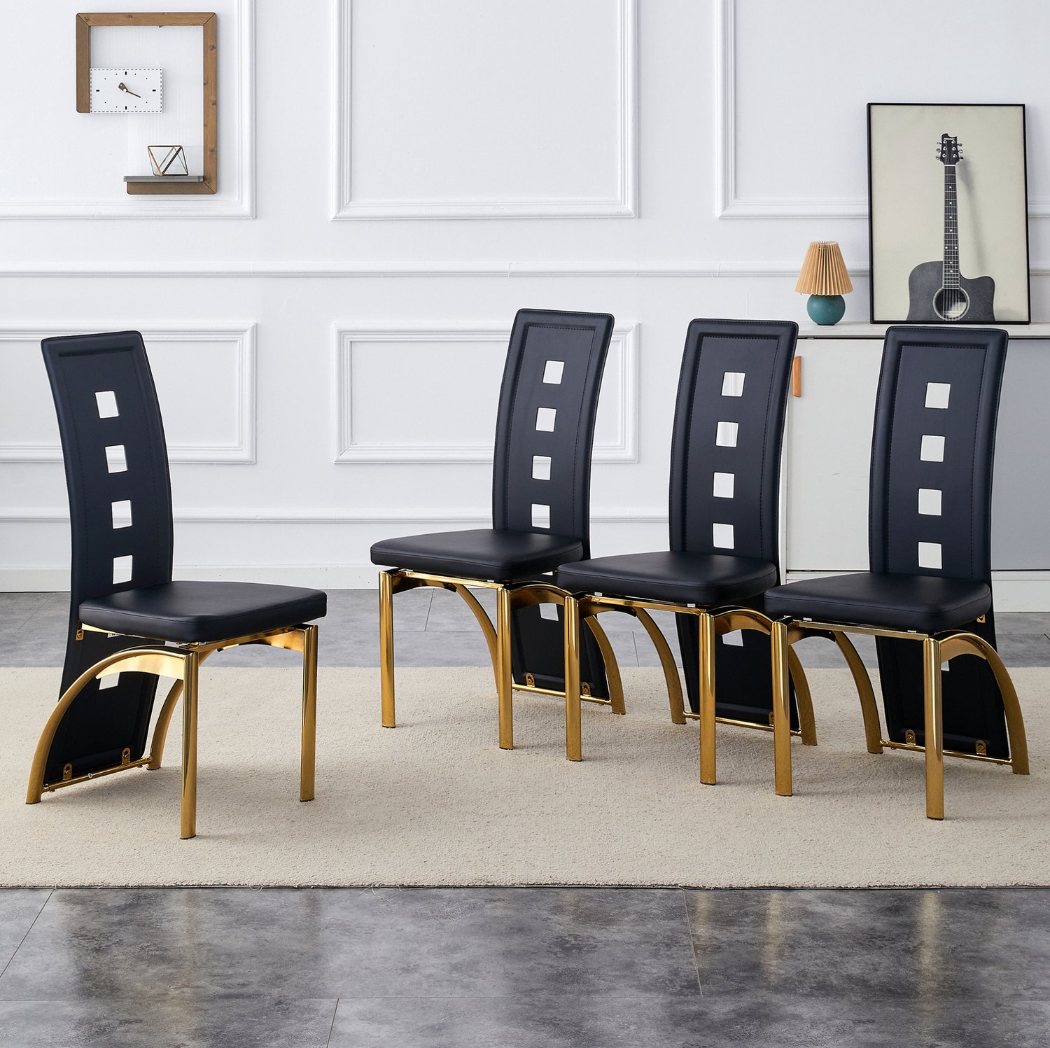 STILVORA Eetkamerstoel Design - Set Van 4 - Opengewerkte Rugleuning - Voor Eetkamer En Woonkamer - Kunstleer En Metaal - Zwart Goud