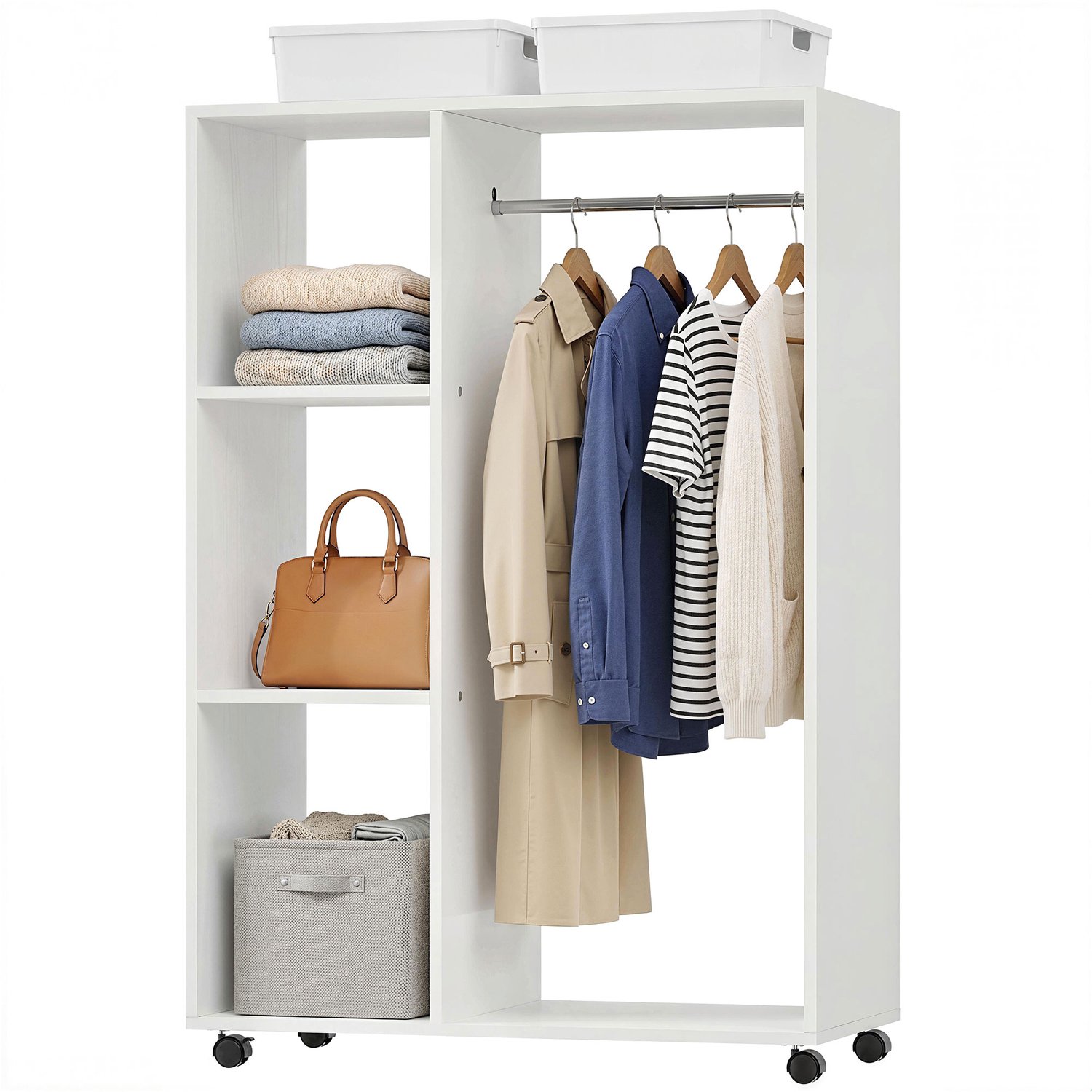 TEKROA® Kledingkasten - Vrijstaande kledingstandaard met wielen - 3 planken en houten kledingroede - 80x40x128 cm
