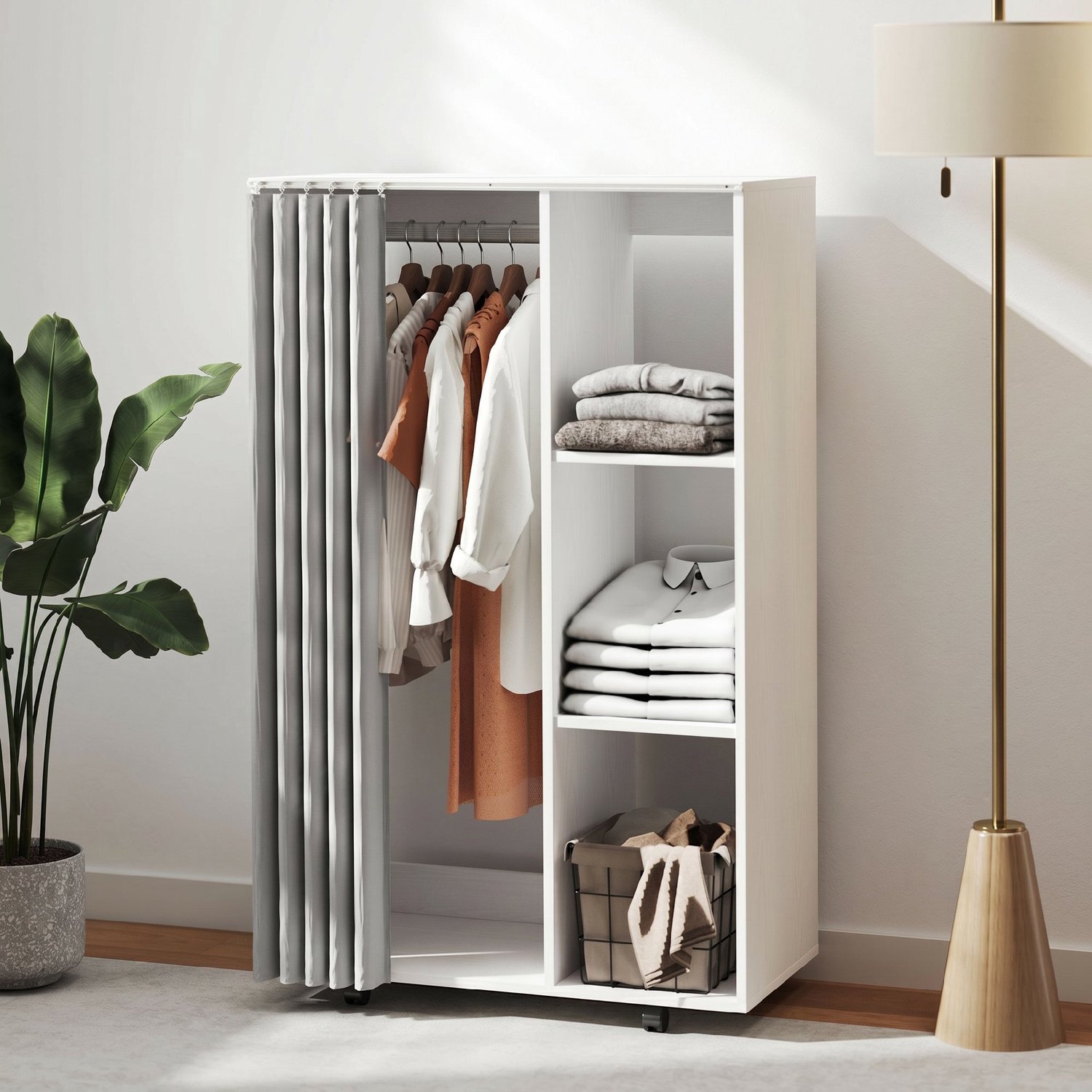 TEKROA®Kledingkasten – Verrijdbaar kledingrek/-kast op - 4 wielen met kledingroede en open schappen - 80l x 40P x 128H cm - wit