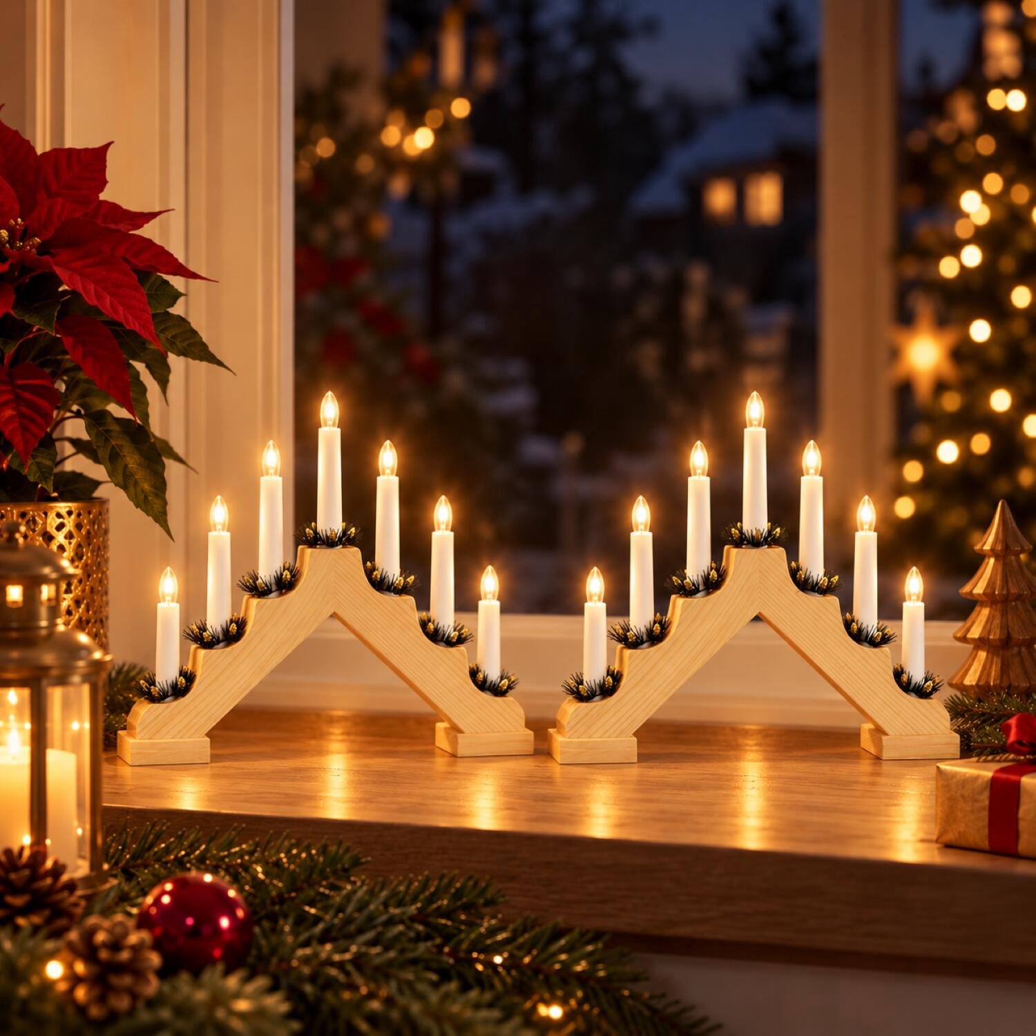 Konstsmide Kaarsenbrug - 2x - naturel - hout - met LED verlichting - 7 led lampjes - 38 x 30 x 5,5 cm - kandelaar - kerstkandelaar