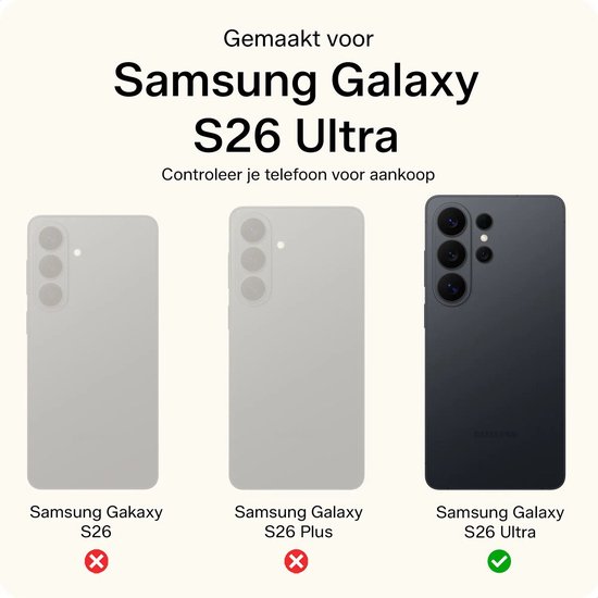 Compatibiliteitsvergelijking voor Samsung Galaxy S26 Ultra: alleen de Ultra-versie is geschikt met een groen vinkje.