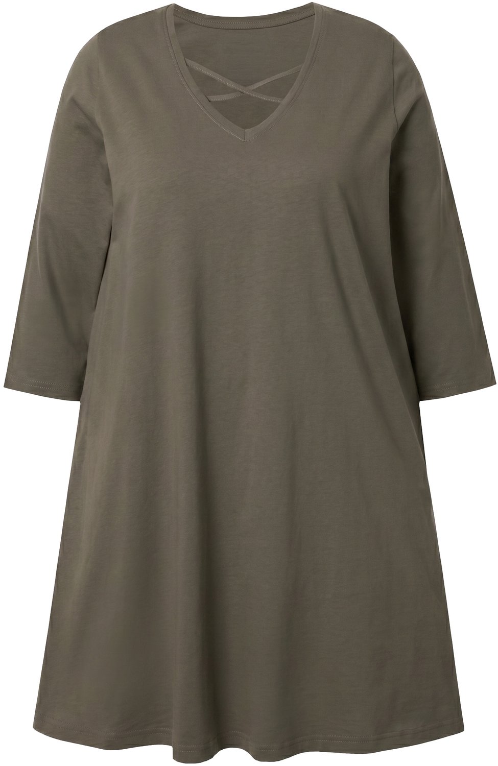 Ulla Popken - Dames - Longshirt sierbanden A-lijn V-hals 3/4-mouwen - Olijfgrijs - Maat 66+