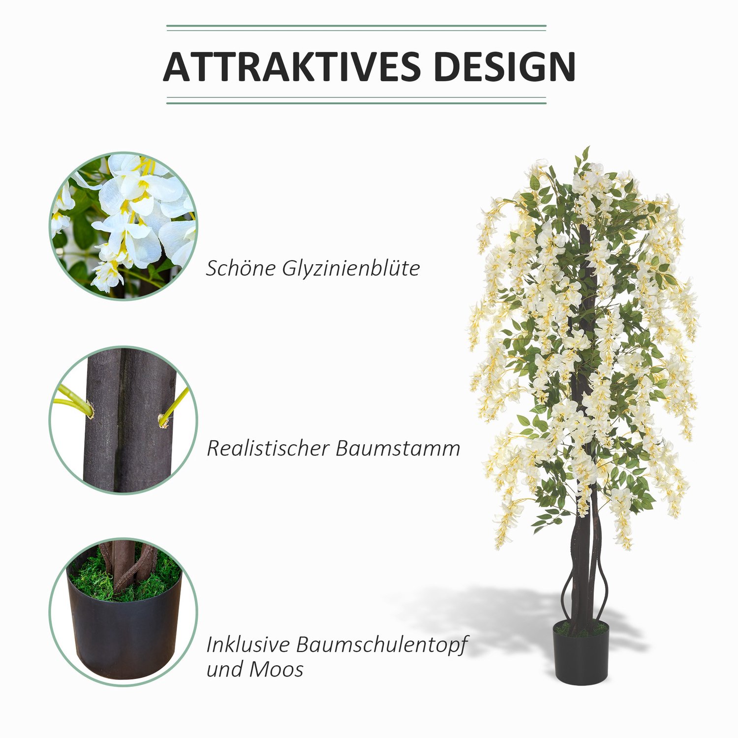Sunona Kunstmatige Blauweregen - Kunstplant in pot - 165 cm - Wit/Groen