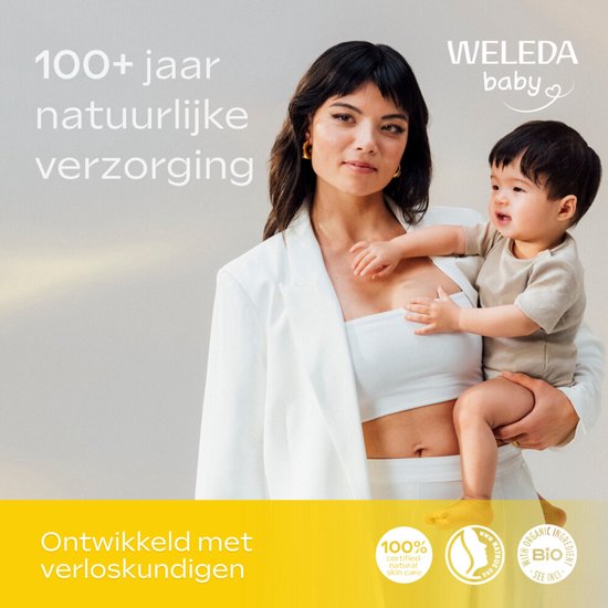 Vrouw met kind in witte kleding met de tekst 100+ jaar natuurlijke verzorging en ontwikkeld met verloskundigen.