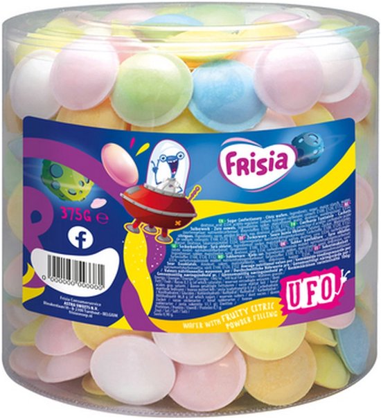 Transparante pot met kleurrijke, schotelvormige Frisia UFO-snoepjes gevuld met fruitig zuur poeder.