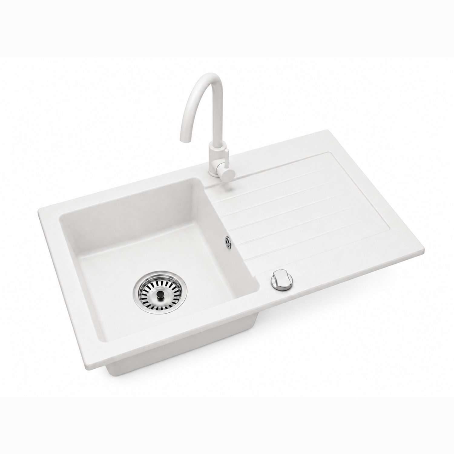 Faizee Home Alisha Granieten Spoelbak 75 × 44 cm – Kwartscomposiet – Omkeerbaar – Inclusief Genial Keukenkraan en Afvoer Weiß