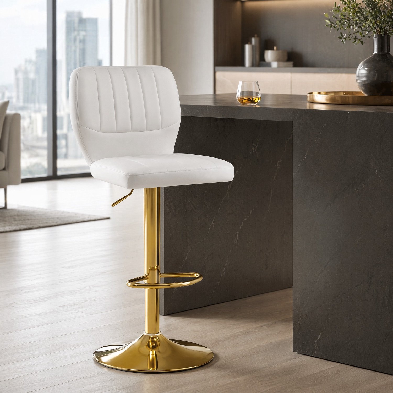 CHICFURN Barkruk - Volwassenen - Hoogte verstelbaar - Met rugleuning - Wit-goud