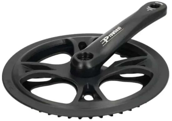Zwart Prowheel crankstel voor fatbike, voorzien van kettingblad met uitsparingen en een gemonteerde crankarm.