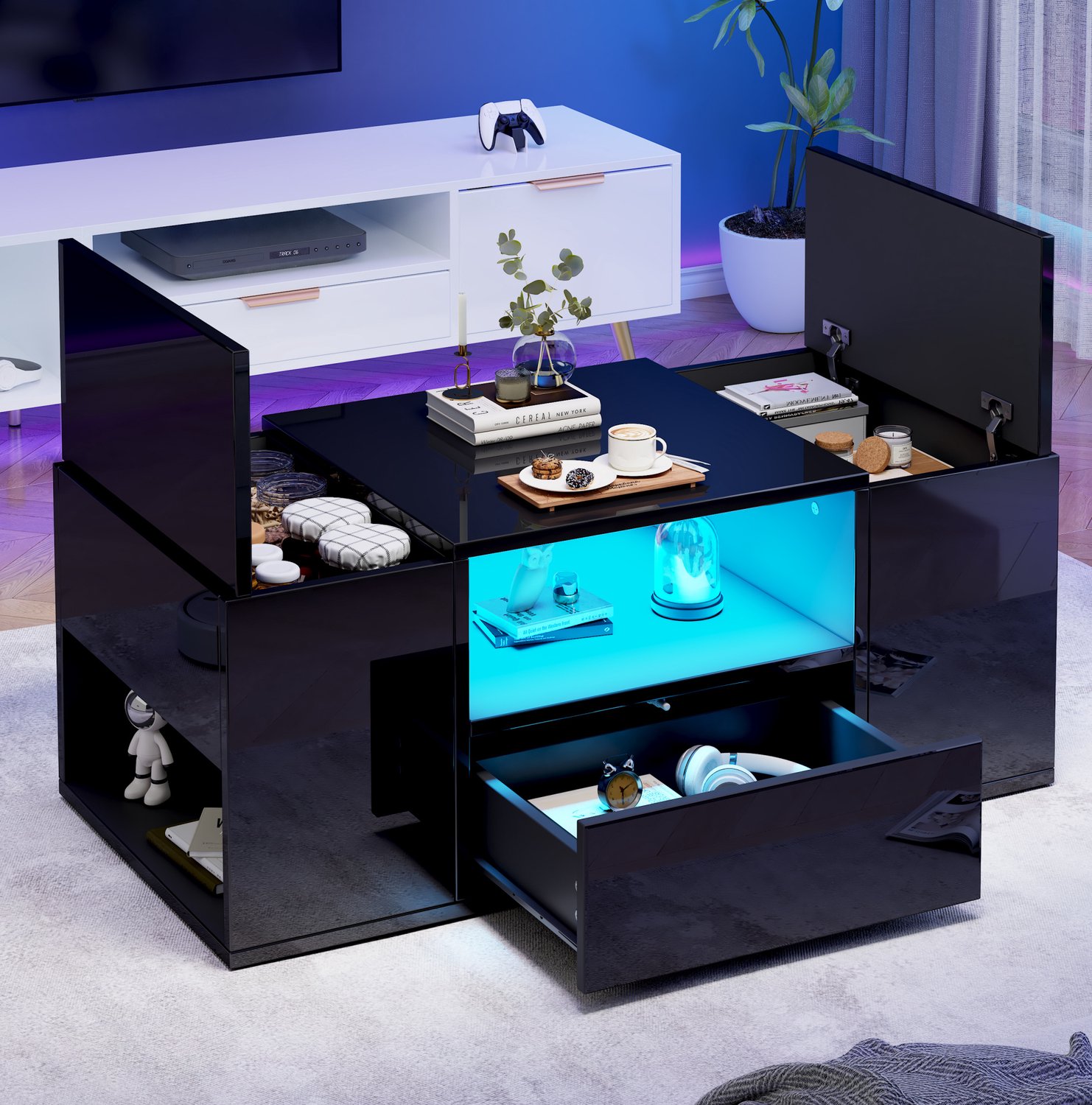 Maisentiel Salontafel 100 x 50 x 40 cm met LED, 6 opbergvakken en hoogglans zwart