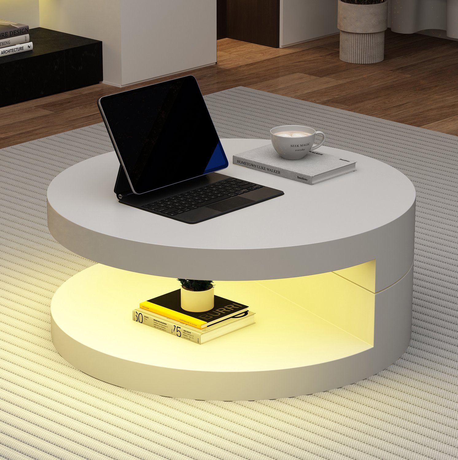 Maisentiel Salontafel 70 cm rond - 360° draaibaar tafelblad met LED - MDF - wit