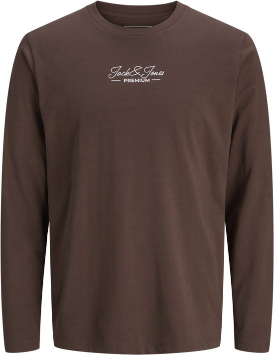 Bruin shirt met lange mouwen, ronde hals en wit 'Jack & Jones PREMIUM' logo op de borst.
