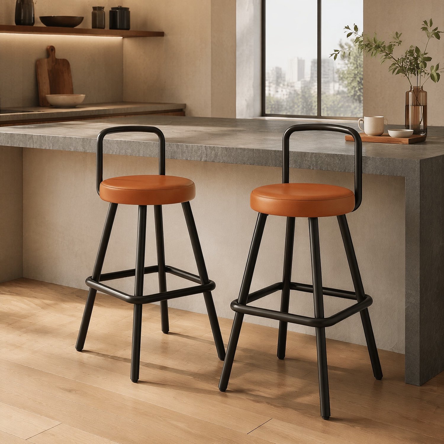 CHICFURN Barkruk - Rugleuning en voetsteun - 37 cm - Set van 2 - Gevoerde zitting - Keuken en bar - Kunstleer en metaal - Bruin