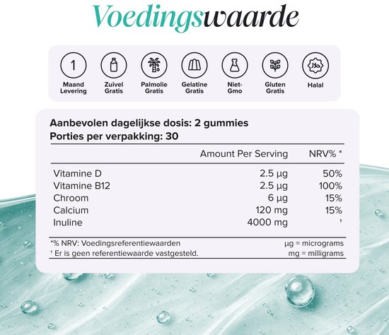 Voedingswaardetabel voor vezelgummies: dagelijkse dosis van 2 gummies met vitamine D, B12, chroom, calcium en inuline.
