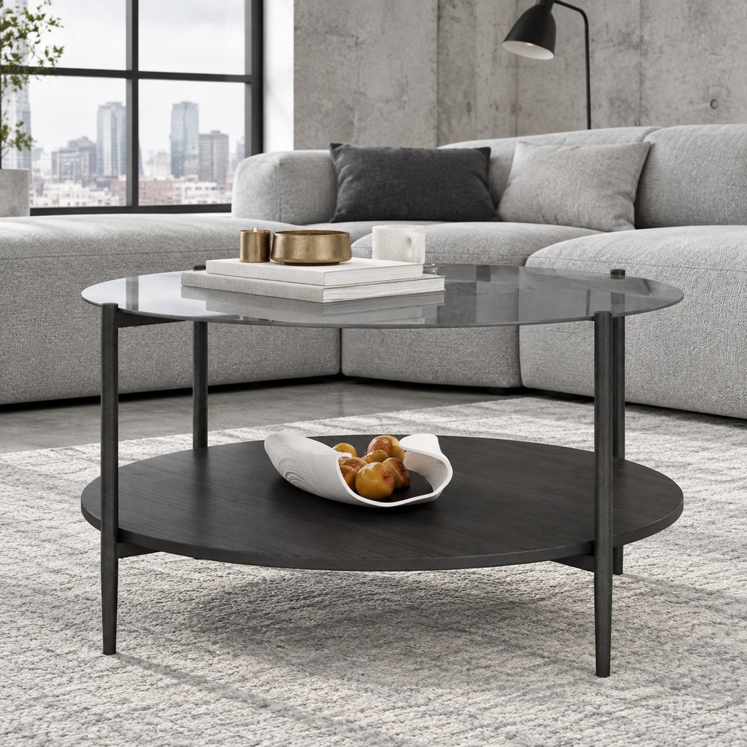 WUVRIE Ronde salontafel Ø 82 cm - Glazen blad en houten onderblad - Zwart
