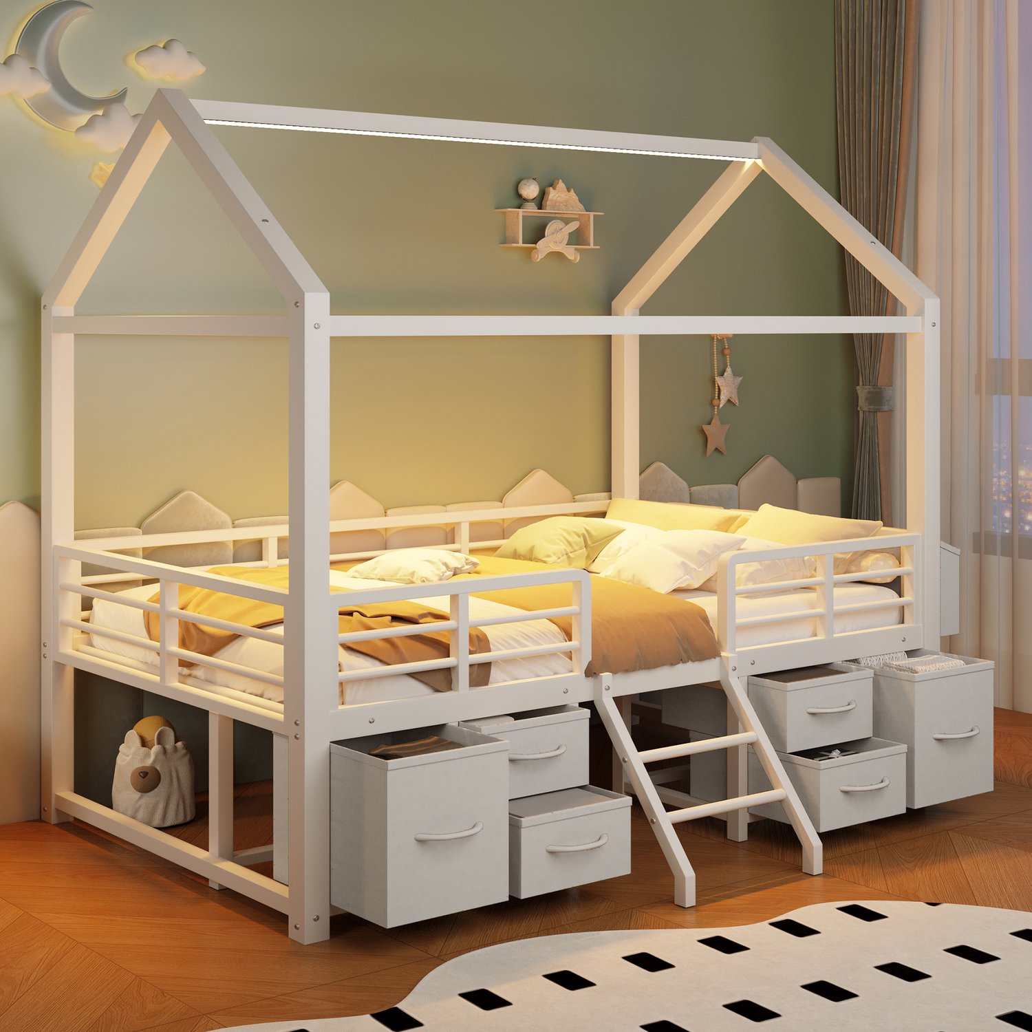 Zubaliya Hoogslaper 90 X 200 cm Met Huisdak, Kinderbed, Eenpersoonsbed, Led‑Verlichting Kinderbed Van Metaal Met Meerdere Stoffen Lades, Wit