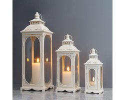 Set van 3 Vintage Decoratieve Kaarslantaarns - Wit Metaal & Glas