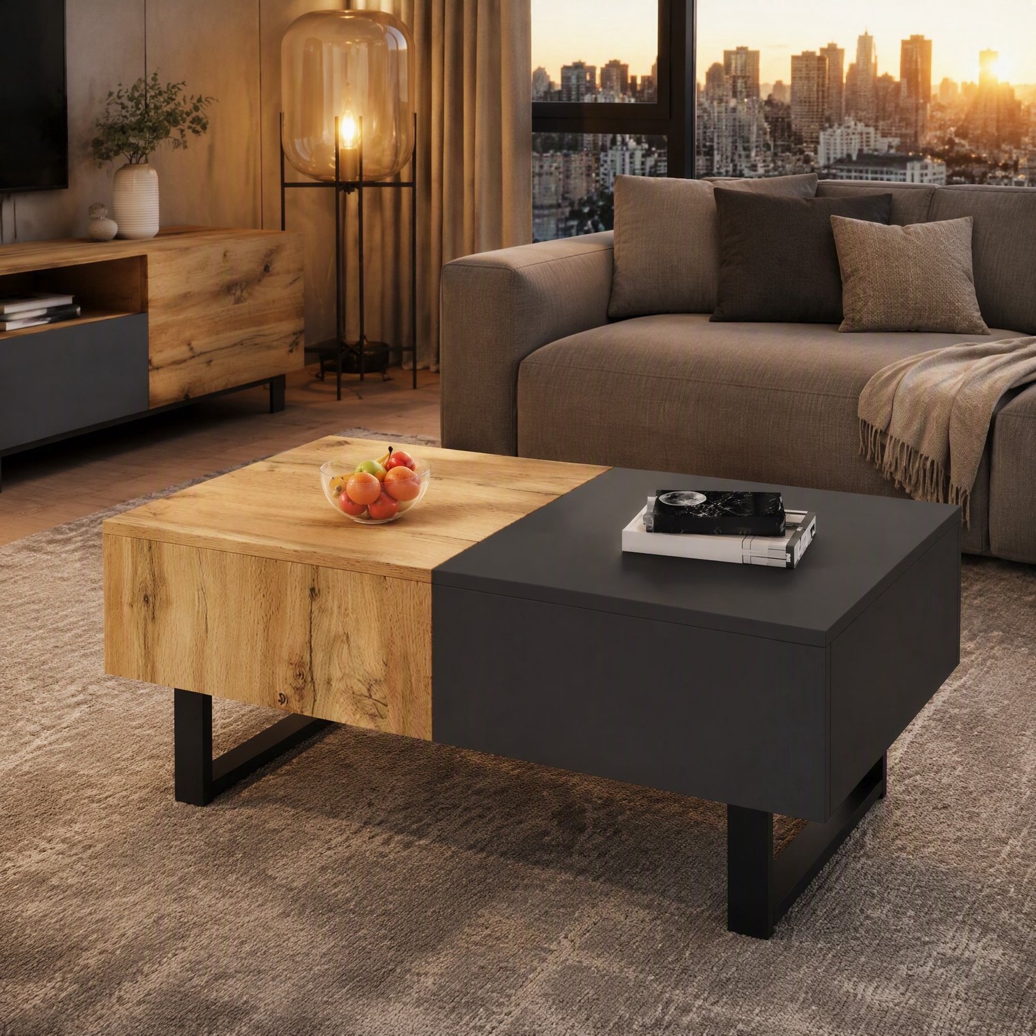 Maisentiel Uitschuifbare salontafel 155 x 55 x 40 cm met opbergruimte, spaanplaat Natural