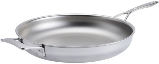 Zilverkleurige Demeyere Industry 5 koekenpan met een diameter van 28 cm.
