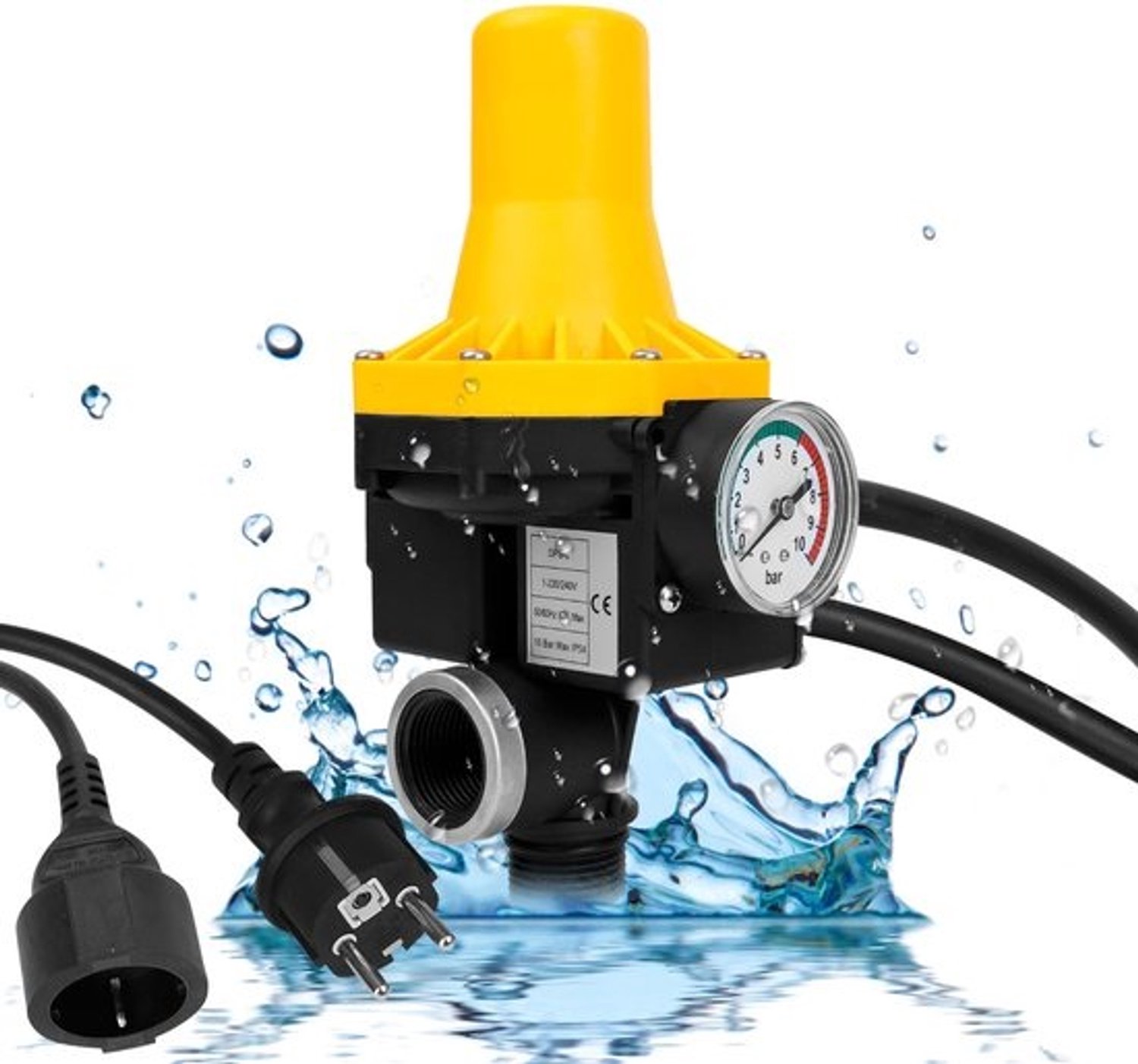 Elektronische drukschakelaar - Tot 10 bar - Voor waterpomp - Pompcontrole - Start en stopt de pomp - Pompbesturing - Droogloopbeveiliging - Geel