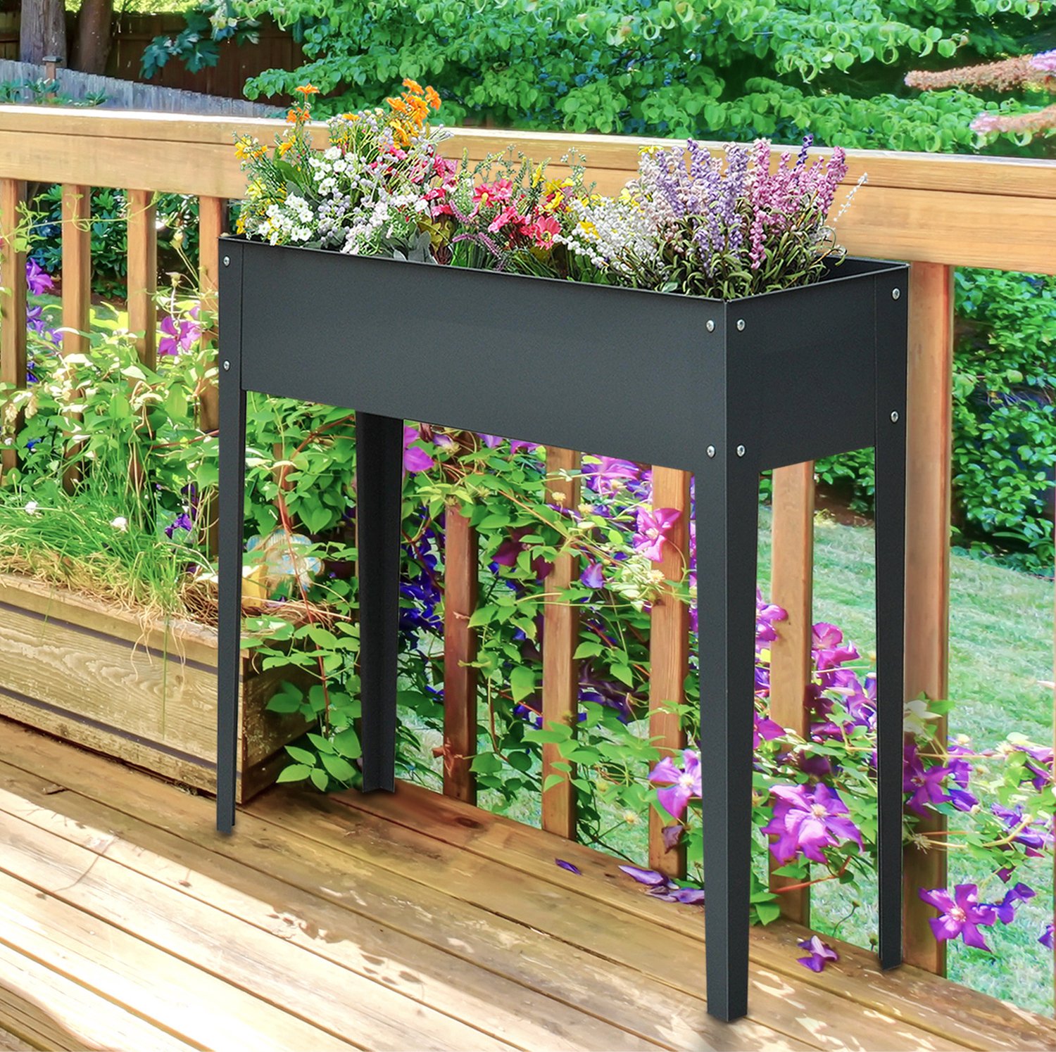 MIVRAY Moestuinbak - Verhoogd Met Poten - 100 x 30 x 80 cm - Metaal - Donkergrijs - Voor Balkon En Terras - Met 3 Afvoeropeningen