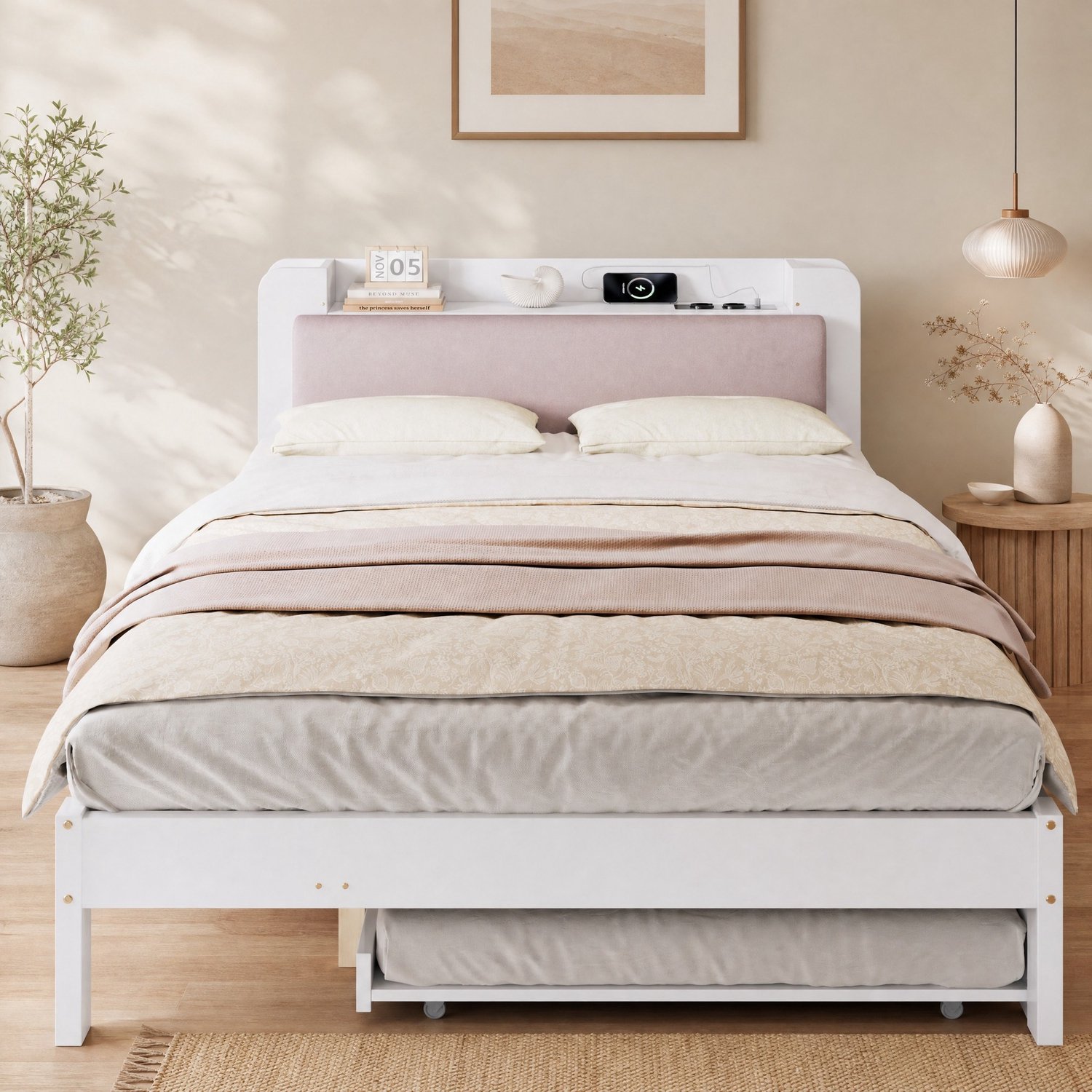 DESMIU Functioneel Bed 120x200 cm – Uitschuifbed 90x190 cm Met Laadstation – Hoofdbord Met Opbergruimte – Houten Frame – Wit – Zonder Matras