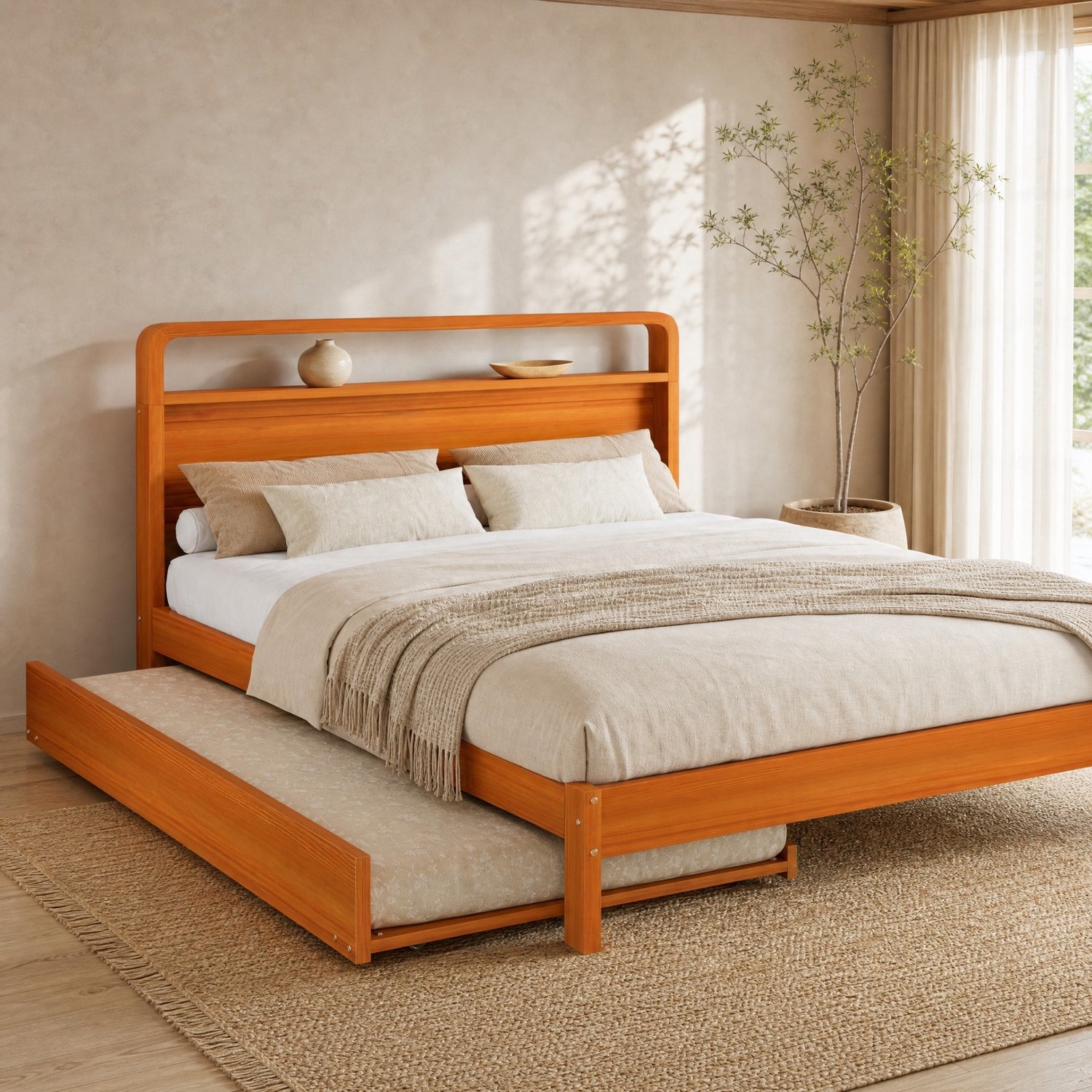 DESMIU Houten Bed 140x200 cm – Tweepersoonsbed Met Uitschuifbed 90x190 cm – Afgerond Hoofdbord – Ruimtebesparend – Zonder Matras – Naturel Natural
