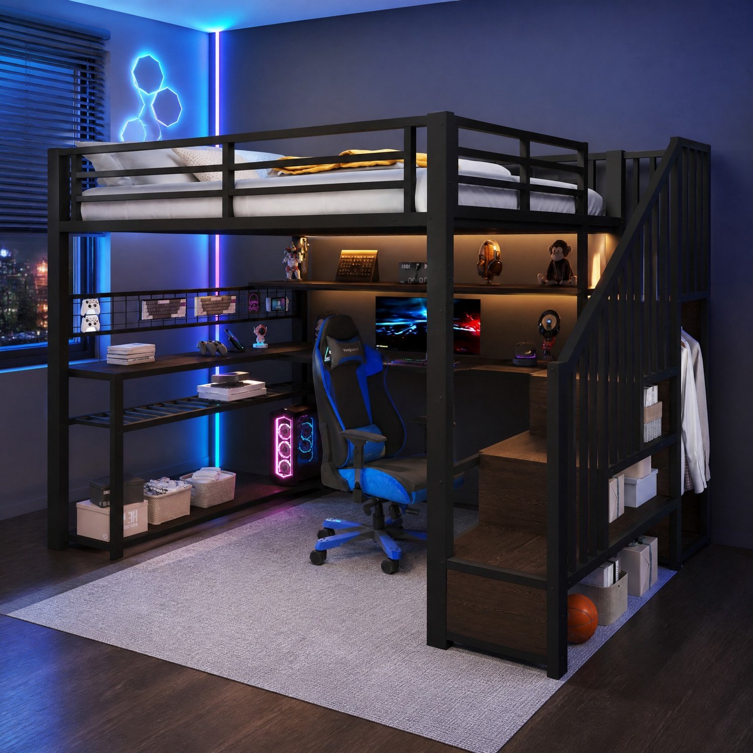 Wishdor Hoogslaper 140x200 cm - Met bureau, kledingkast en opbergruimte - RGB-LED-verlichting en kabeldoorvoer - Moderne gamestijl - Slaapkamer studeerkamer - Metaal en MDF - Zwart