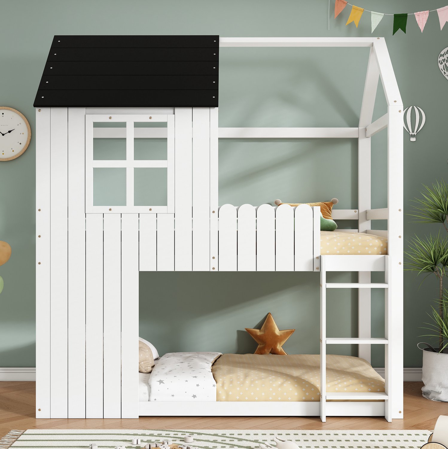 Wishdor Hoogslaper 90x200 cm - Huisbed voor kinderen - Met trap met drie treden en rondom valbeveiliging - Moderne dakvorm met raamdetails - Kinderkamer - Hout en MDF - Wit en zwart