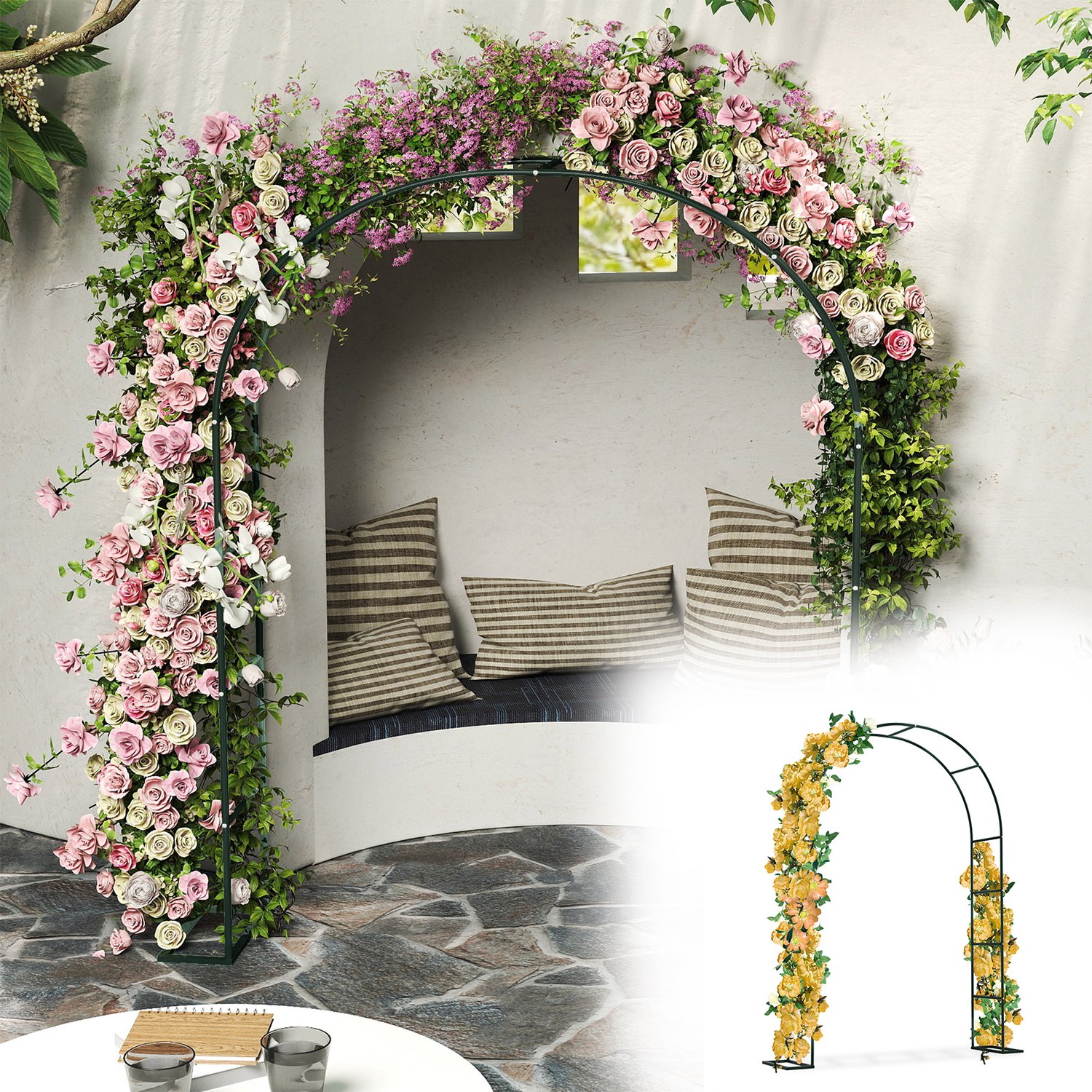 Aufun Rozenboog Tuinboog - Metalen boog Tuinroosbogen - Trellis Rozensteun voor rozen en klimplanten Rozenframe Plantenboog Extra breed plantenframe - Donkergroen
