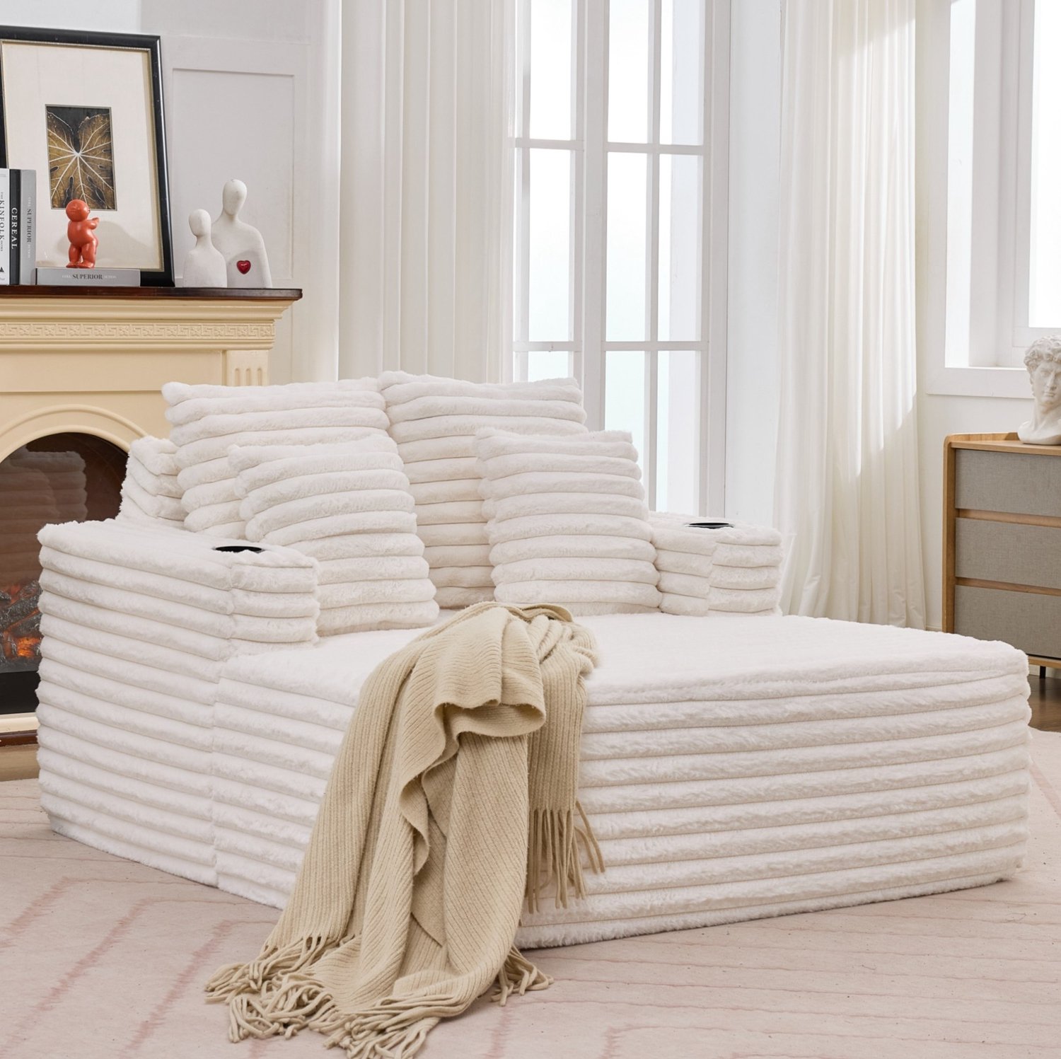 FloraGrace Chaise Longue 135 X 128 X 86 Cm - Zachte Kunstbont Bekleding Met Bekerhouders - Voor Woonkamer En Leeshoek - Wit