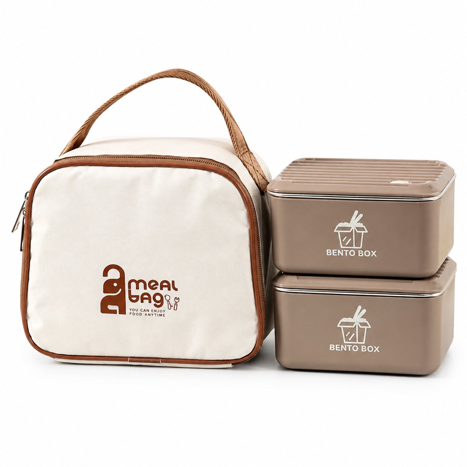 Broodtrommelset met 2 rechthoekige roestvrijstalen lunchboxen van 600 ml, bestek en geïsoleerde tas