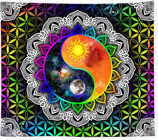 Ulticool - Mandala Zon Maan Yin Yang - Glow in the Dark Tapestry Decoratie Magic - Psychedelisch - Blacklight Party Wandkleed Achtergronddoek - 200x150 cm - Backdrop UV Lamp Reactive - Groot wandtapijt - Poster - Neon Fluor Verlichting