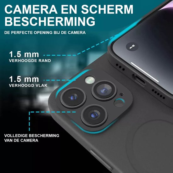 Zwarte telefoonhoes met 1.5 mm verhoogde rand en vlak bij de camera. Volledige bescherming van de camera en het scherm.