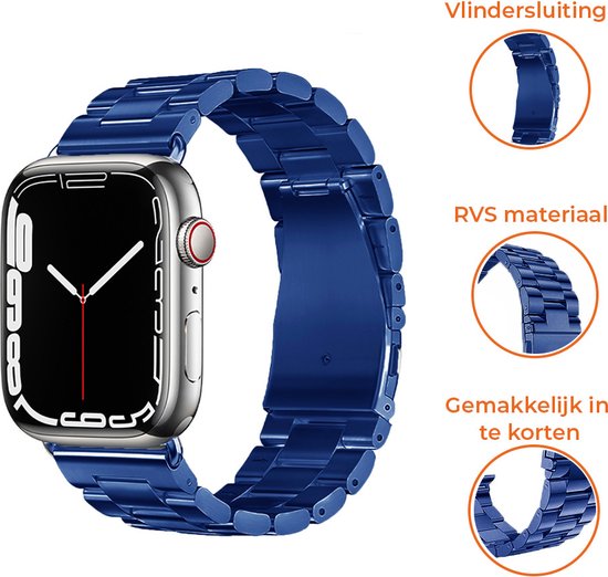 Blauw metalen Apple Watch bandje met vlindersluiting, RVS materiaal. Met uitleg over inkorten.