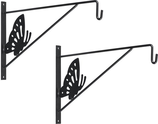 Muurhaak / plantenhaak antraciet met vlinder - geplastificeerd verzinkt staal - 24 x 35 cm - hanging basket haak - Nature