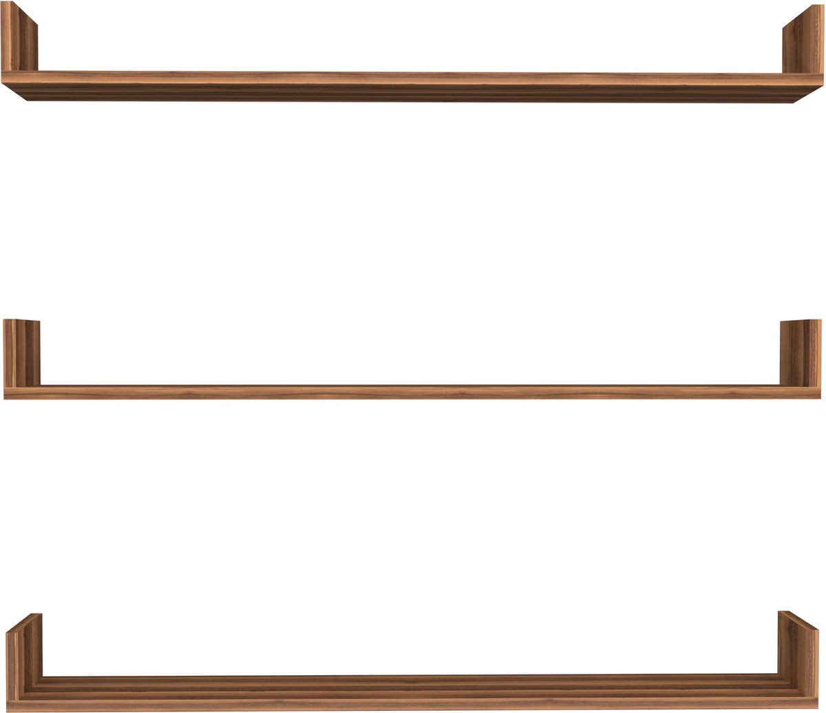 Wandplank Mildred - Set van 3 - 12x120x15 cm - Walnootkleurig - Spaanplaat - Modern Design