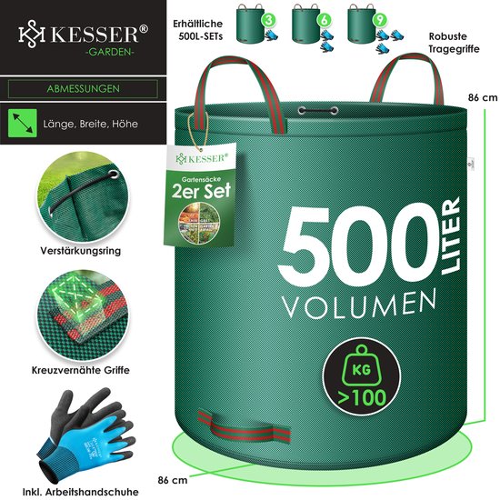 KESSER® Tuinafvalzak Tuinzak Set Bladzak incl. Handschoenen - Zelf Staand 4 Handvatten Stabiel Robuust & Opvouwbaar - Bladzakken Maaisel Tuinzakken voor Tuinafval Groenafval - 2x 500 Liter, Groen van KESSER — afbeelding 4