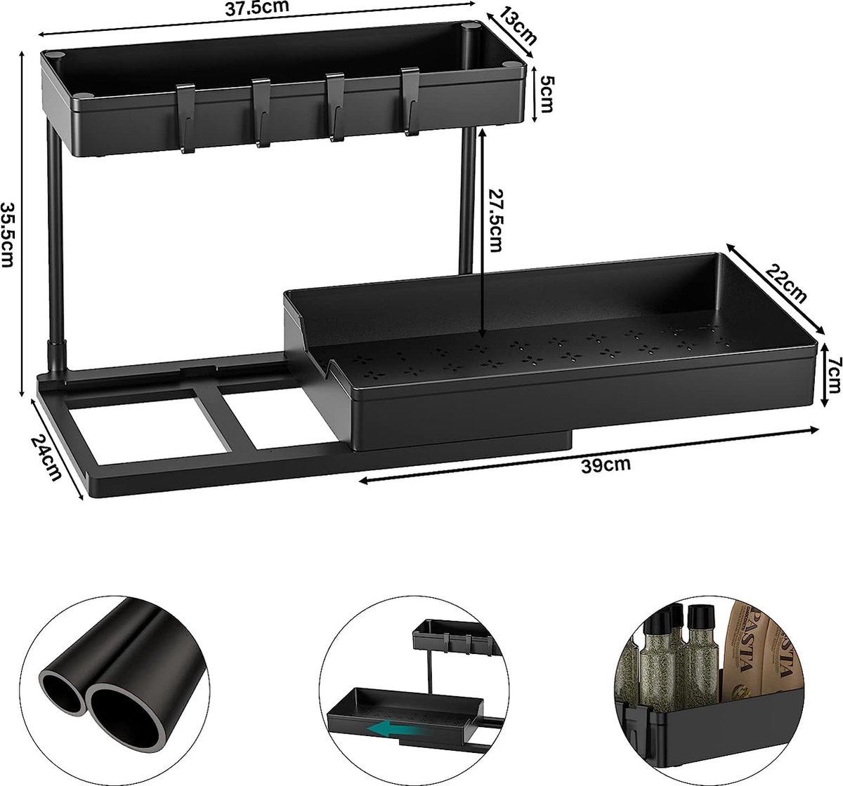 Keukenorganizer, 2 etages onder de wastafel, rek met 4 haken en 2 kopjes