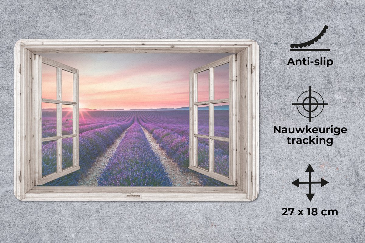 Muismat 27x18 cm - Mousepad Doorkijk - Lavendel - Bloemen - Hout - Zonsondergang - Paars - Muismatten