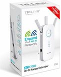 TP-Link RE450 WiFi Range Extender doos met afbeeldingen en tekst 'AC 1750 Wi-Fi Range Extender'.