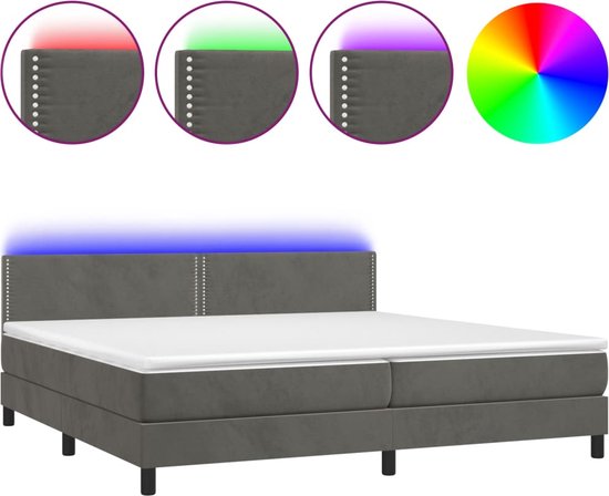 vidaXL - Boxspring - met - matras - en - LED - fluweel - donkergrijs - 200x200 - cm