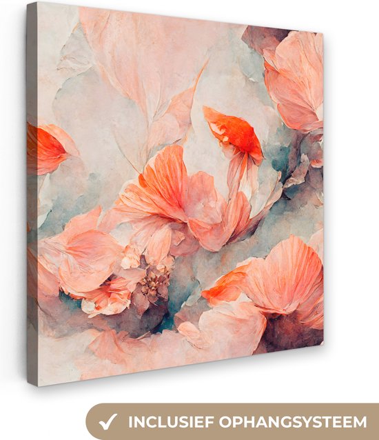Canvas Schilderij Bloemen - Bladeren - Planten - Roze - 20x20 cm - Wanddecoratie